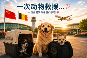 展示 Pet Taxi 从中国经巴黎戴高乐机场前往比利时运输获救犬只,并与 SHS Animal Rescue 合作执行救援任务的插图。