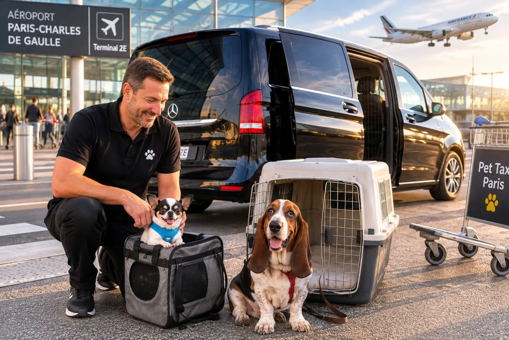 Chauffeur Taxi Pet Paris CDG accueillant deux chiens secourus à l'aéroport Paris Charles-de-Gaulle avant leur transfert vers la Belgique.