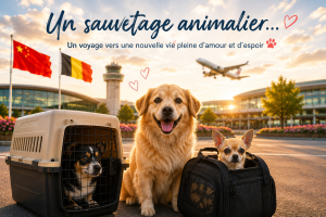 Illustration d'une mission de Taxi Pet entre la Chine, Paris CDG et la Belgique pour le transport de chiens sauvés avec SHS Animal Rescue.
