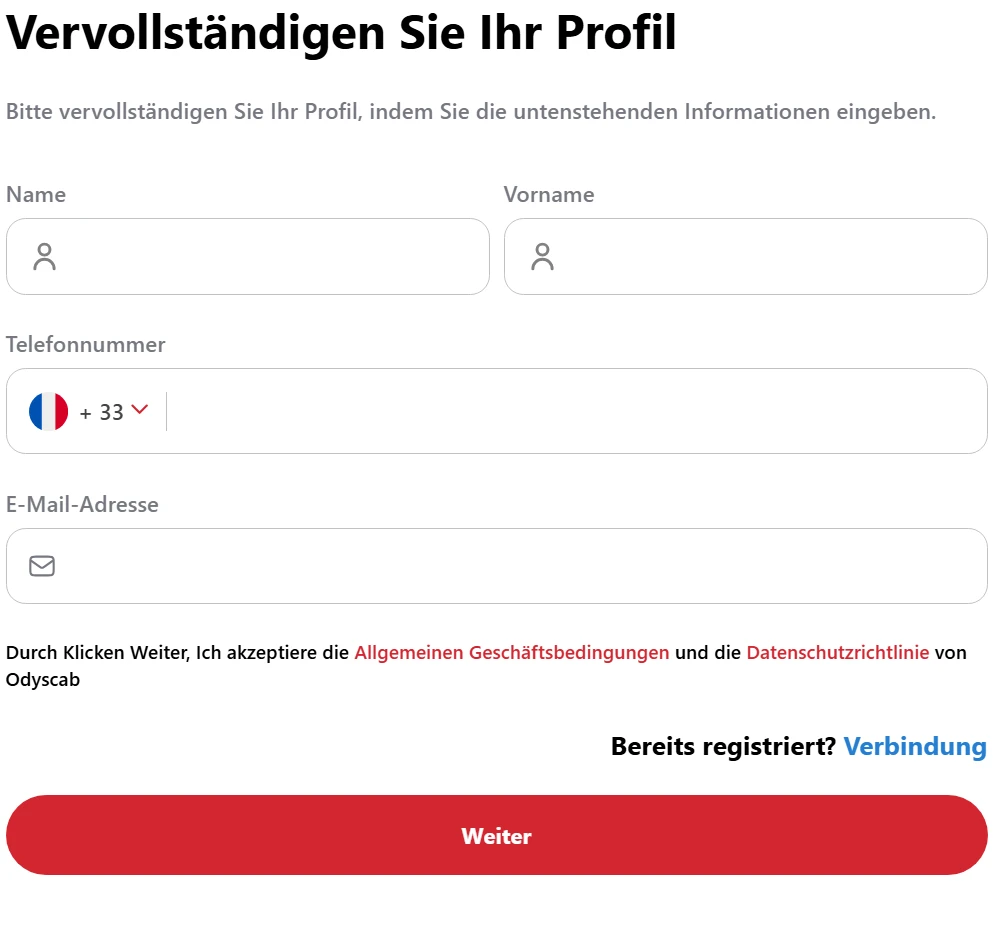 Registrierungsformular für das Tier Taxi Kundenkonto mit Eingabe von Name, Telefonnummer und E-Mail-Adresse.