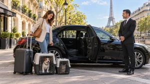 Voyageuse avec un chien et un chat dans deux caisses rigides près d’une berline noire à Paris