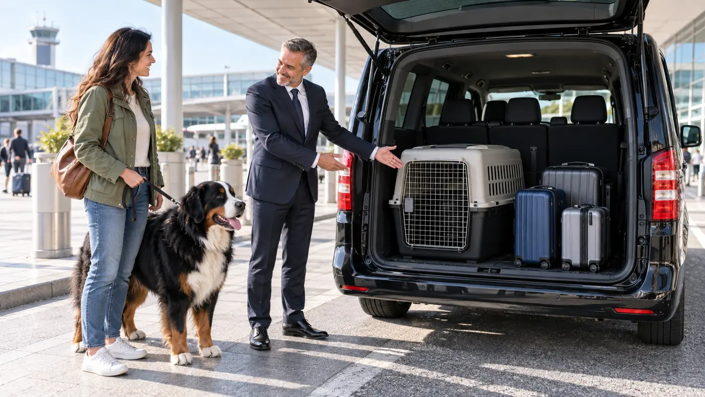 Berner Sennenhund mit Halterin und Fahrer vor einem Van mit großer Transportbox und drei Koffern