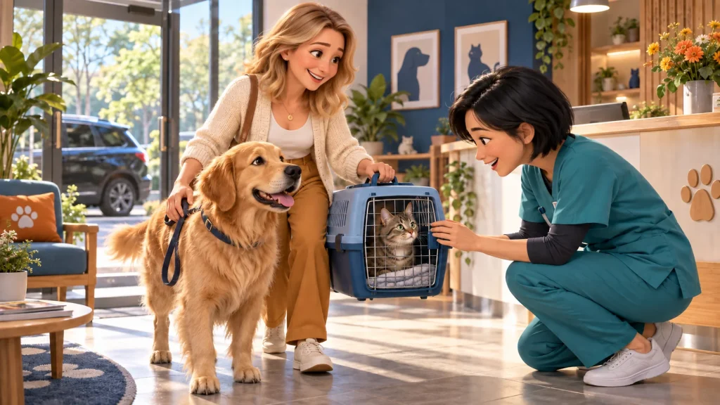3D illustration of a young blonde woman with a dog and a cat in a carrier receiving a warm welcome at a veterinary clinic reception
