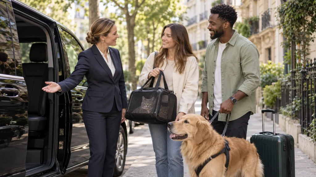 Une chauffeuse accueille un couple avec un golden retriever et un chat en sac de transport devant un van noir