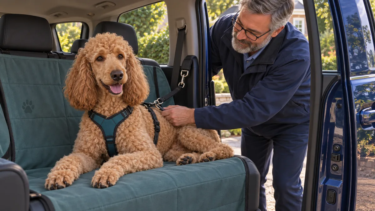 Un chauffeur vérifie le harnais d’un caniche abricot couché sur une protection de siège dans un véhicule à l’arrêt