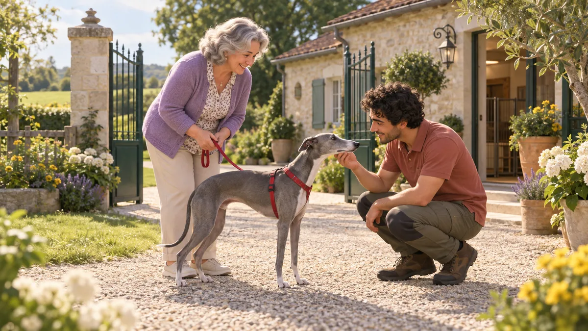 Une femme en cardigan mauve et un whippet en harnais rouge accueillis dans le jardin d’une pension imaginaire