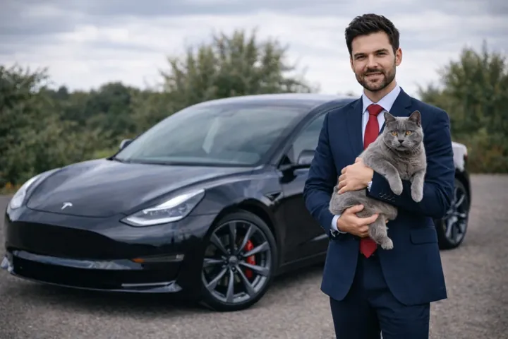 Chauffeur tenant un chat devant une berline Tesla noire