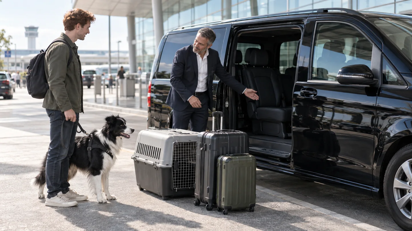A driver and a traveller with a border collie, a large crate and two suitcases beside a black van at the airport