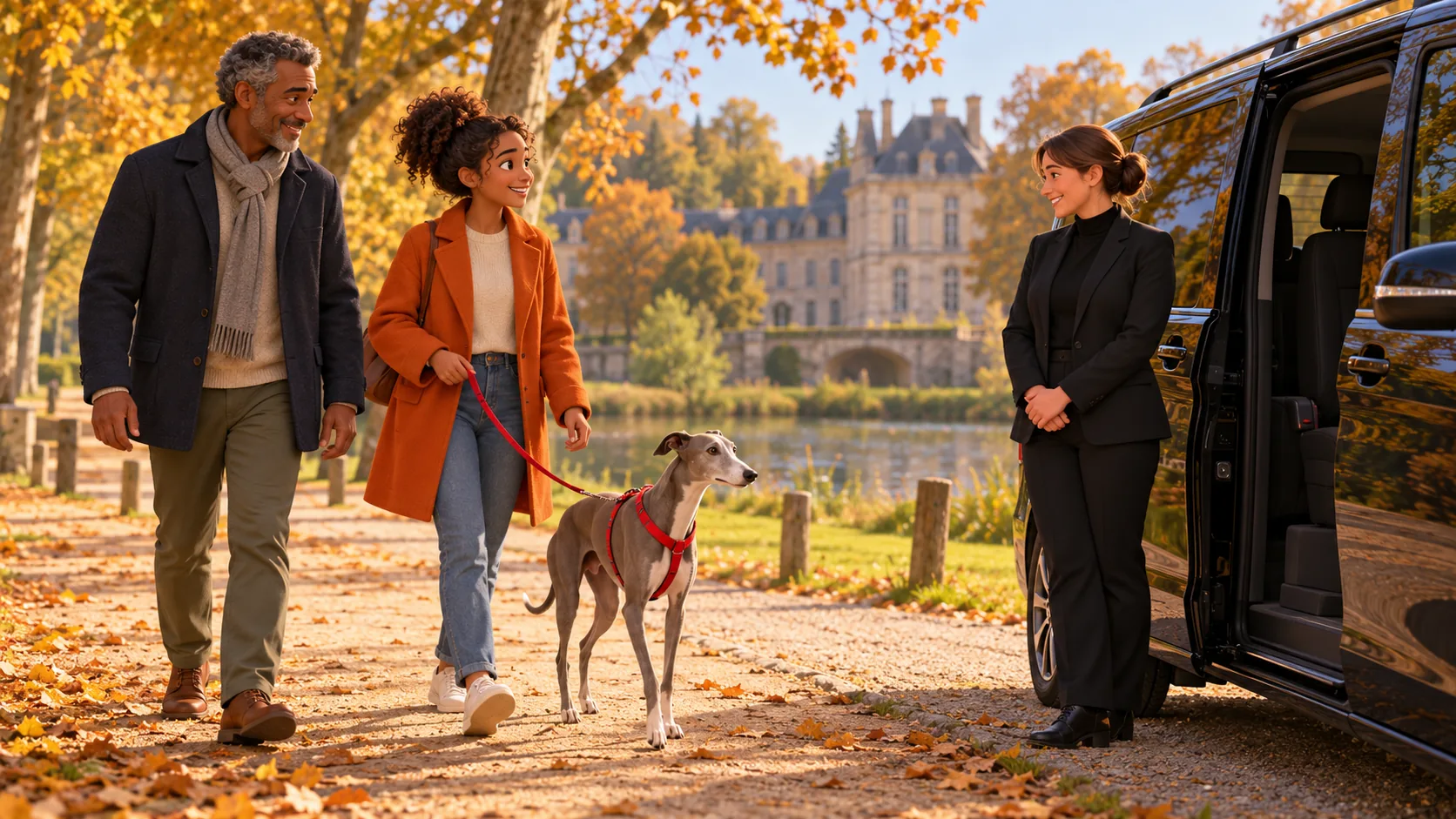 Dog taxi 91: a family with a sighthound in a red harness on a walk inspired by Chamarande