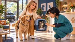 Illustration 3D d’une jeune femme blonde avec un chien et un chat en caisse, accueillis avec douceur à l’accueil d’une clinique