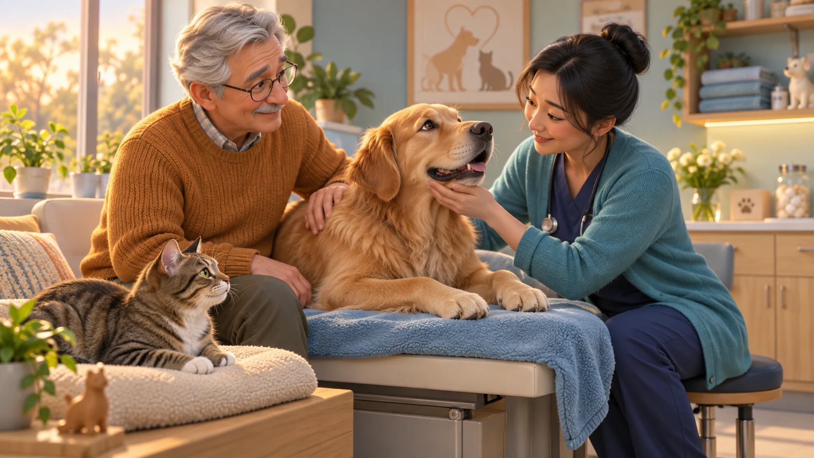 De lâaffection autour des animaux qui ont besoin de soins Illustration 3D dâun propriĂ©taire et dâune vĂ©tĂ©rinaire rĂ©confortant un chien, avec un chat installĂ© Ă proximitĂ©