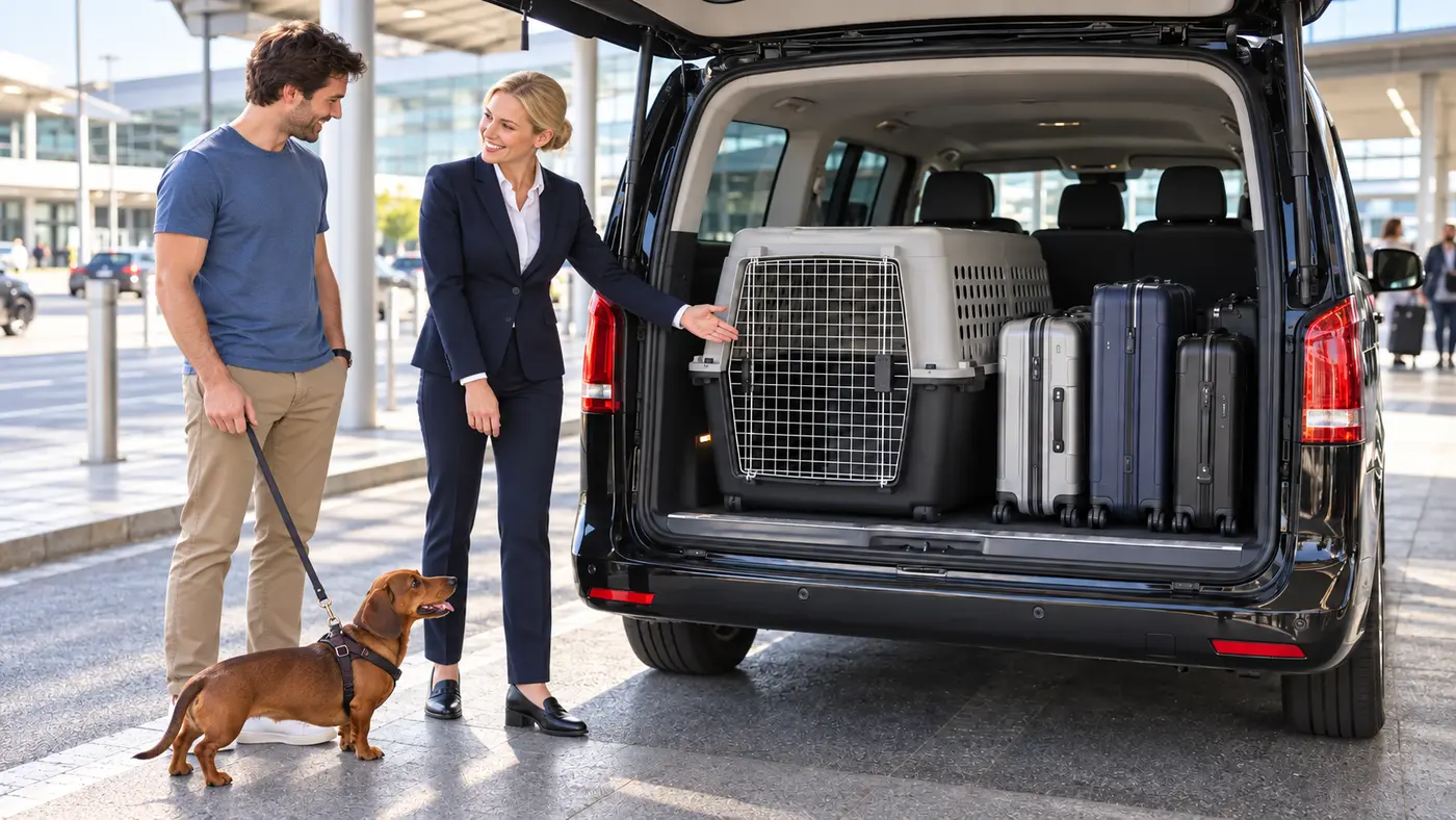 Dark-haired male traveller with a brown dachshund and blonde female driver beside a van carrying a large crate and suitcases