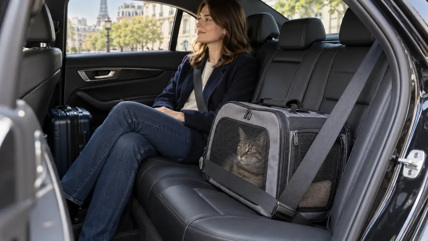 Katze in geschlossener gesicherter Transporttasche neben ihrer Halterin im Auto