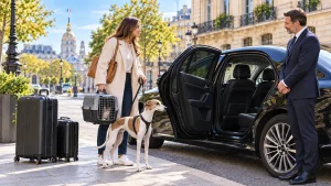 Traveller with a white and brown whippet, a cat carrier and luggage beside a black saloon car in Paris