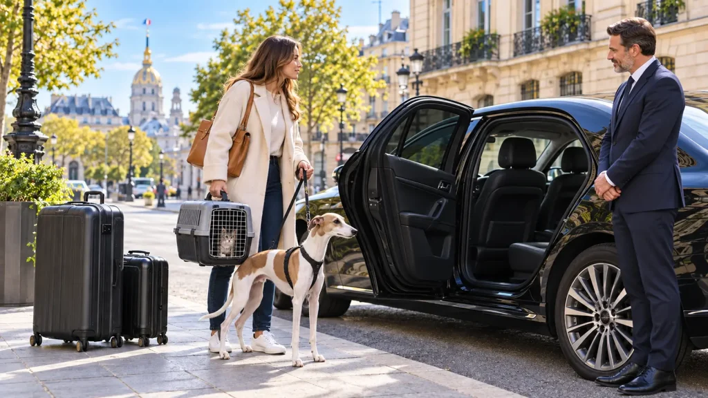 Reisende mit weiß-braunem Whippet, Katze in Transportbox und Gepäck neben einer schwarzen Limousine in Paris