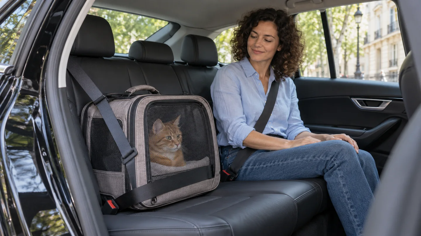 Un gato naranja en un transportín blando cerrado, sujeto con el cinturón en el asiento trasero junto a su propietaria