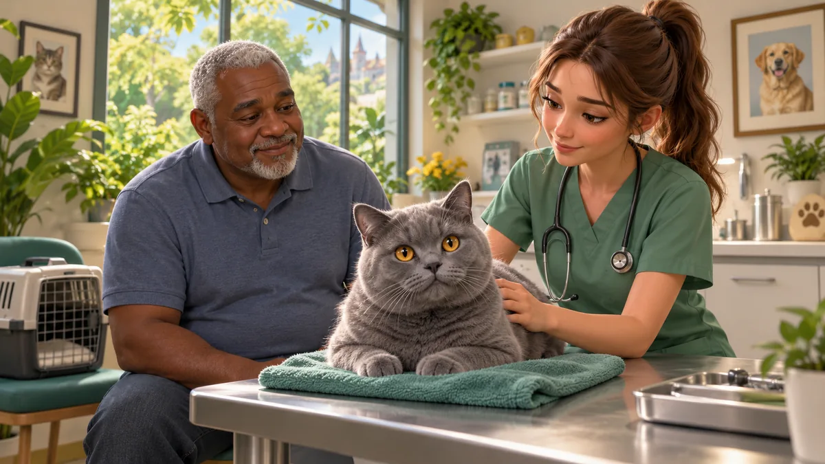 Un uomo dai capelli grigi accompagna il suo British Shorthair grigio dalla veterinaria