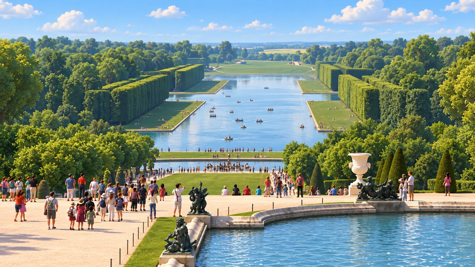 Illustration 3D du Grand Canal de Versailles, bordé de rangées d’arbres, avec un bassin et des statues au premier plan
