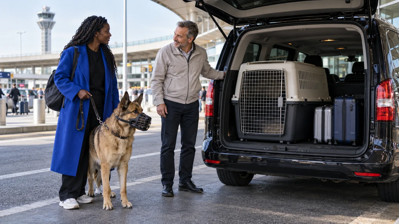 Heetch cane grande: viaggiatrice con pastore con museruola, van nero, grande gabbia e valigie