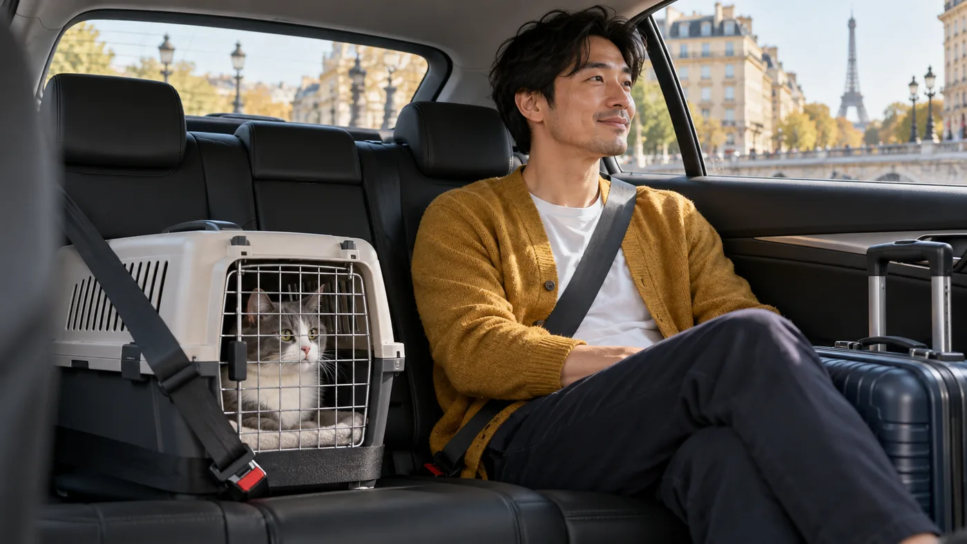 Heetch gato: pasajero con un gato gris y blanco en un transportín cerrado dentro de un coche