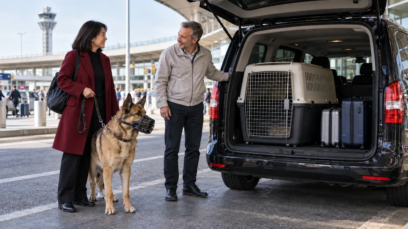 Heetch 大型犬：亚洲旅客牵着戴嘴套的牧羊犬，旁边是黑色厢式车、大宠物箱和行李
