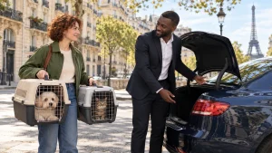 Heetch mascotas: viajera con perro pequeño y gato en dos transportines cerrados junto a un coche en París