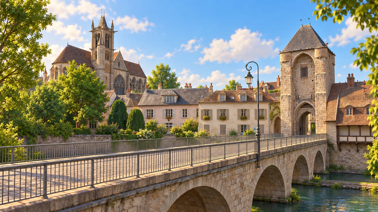 Adattamento 3D del ponte di Moret-sur-Loing, della Porte de Bourgogne e delle case lungo il Loing