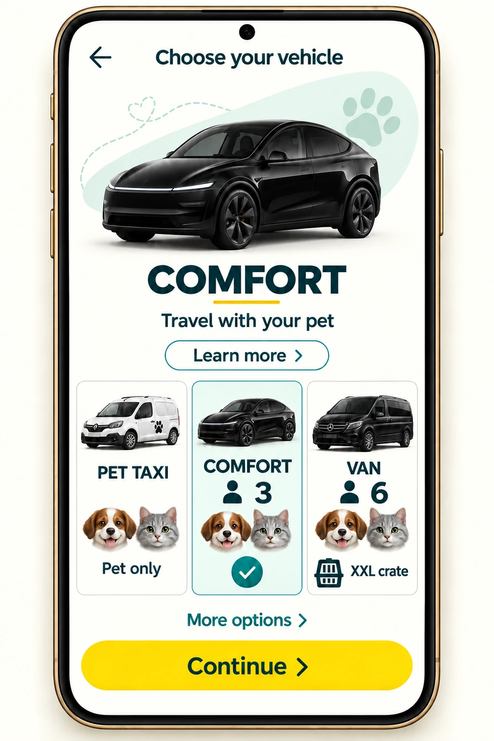 Phone showing a black Tesla Model Y and three transport categories, with illustrated chocolate dog and grey cat faces