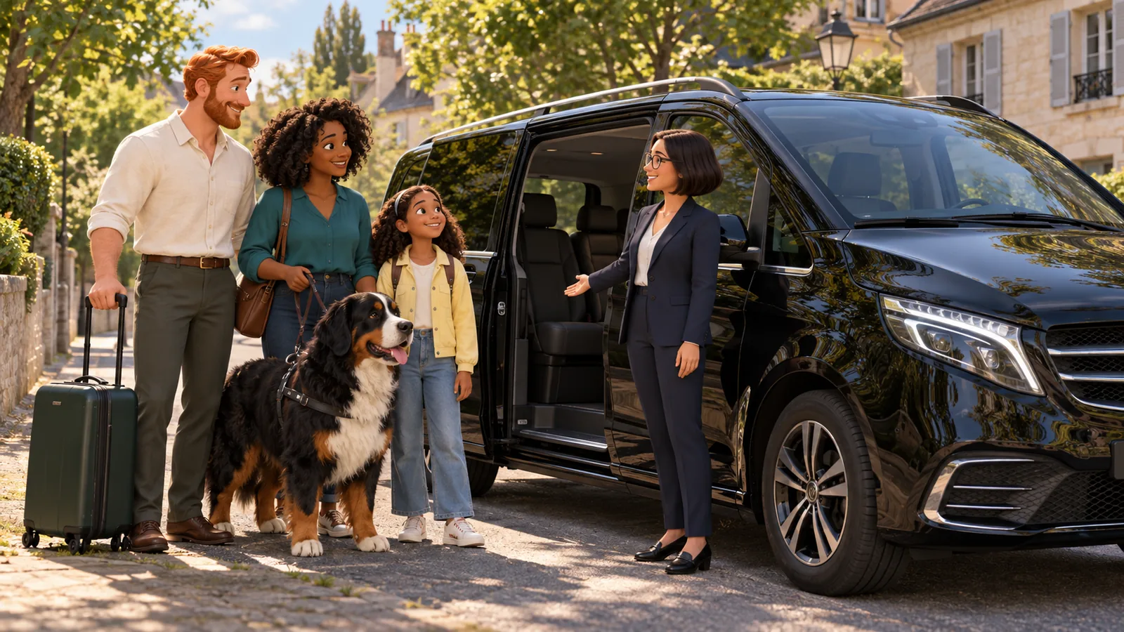 A family and their Bernese Mountain Dog in a harness welcomed by a driver beside a black van