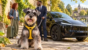 A salt-and-pepper miniature schnauzer in a yellow harness in front of a black Tesla, with a passenger and driver behind