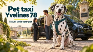Dalmatian in a teal harness beside a black Mercedes van, with its owner and a female driver in a setting inspired by Versailles.
