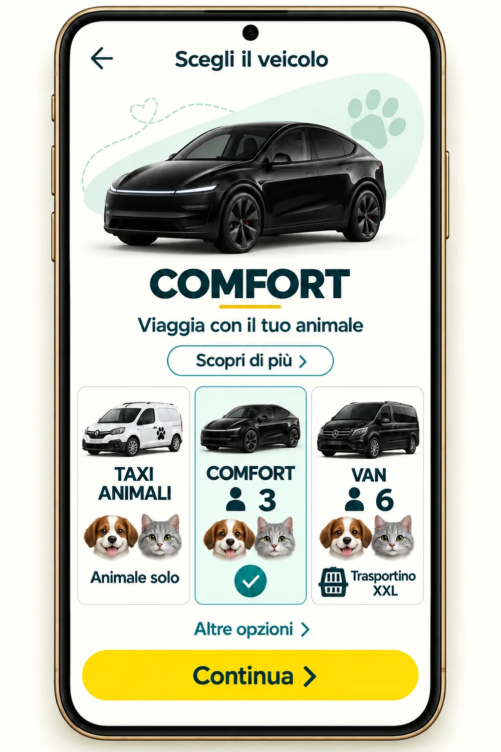 Un telefono mostra una Tesla Model Y nera e le categorie Taxi animali, Comfort e Van