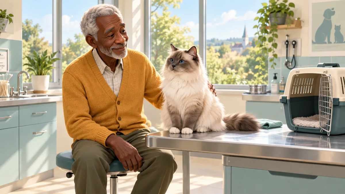 Grey-haired man seated beside his Ragdoll cat on a veterinary examination table
