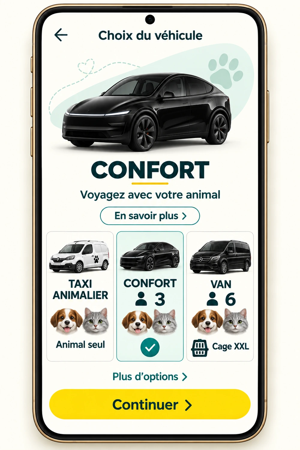 Un téléphone présentant une Tesla Model Y noire et les catégories taxi animalier, Confort et Van