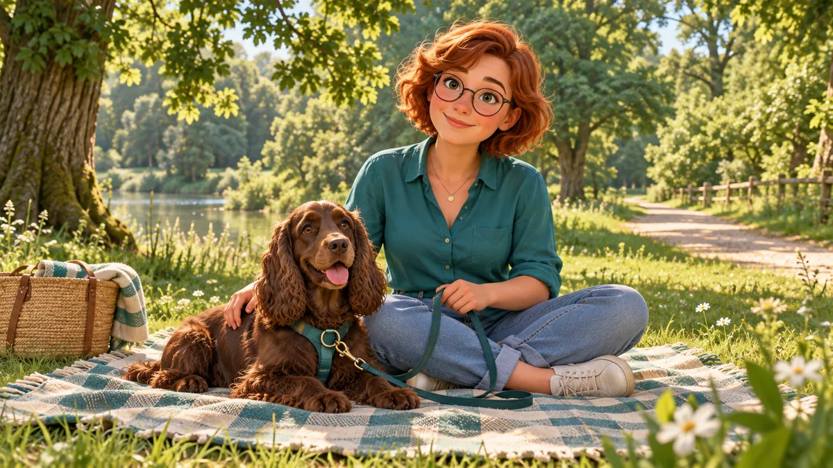 Femme rousse à lunettes assise en tailleur dans un parc avec un cocker brun allongé à ses côtés