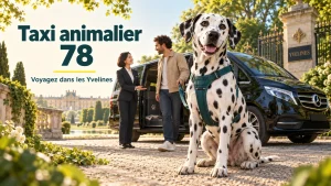 Dalmatien au harnais vert devant un van noir, avec son propriétaire et une chauffeuse dans un décor inspiré de Versailles.