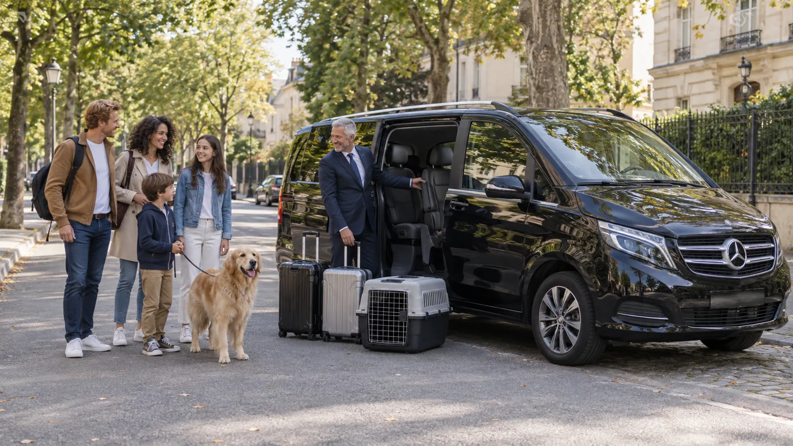 Chauffeur accueillant une famille et son golden retriever devant un van noir dans une rue arborée