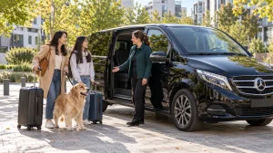 Taxi para mascotas 91: una conductora recibe a una madre, su hija y un golden retriever junto a un van negro