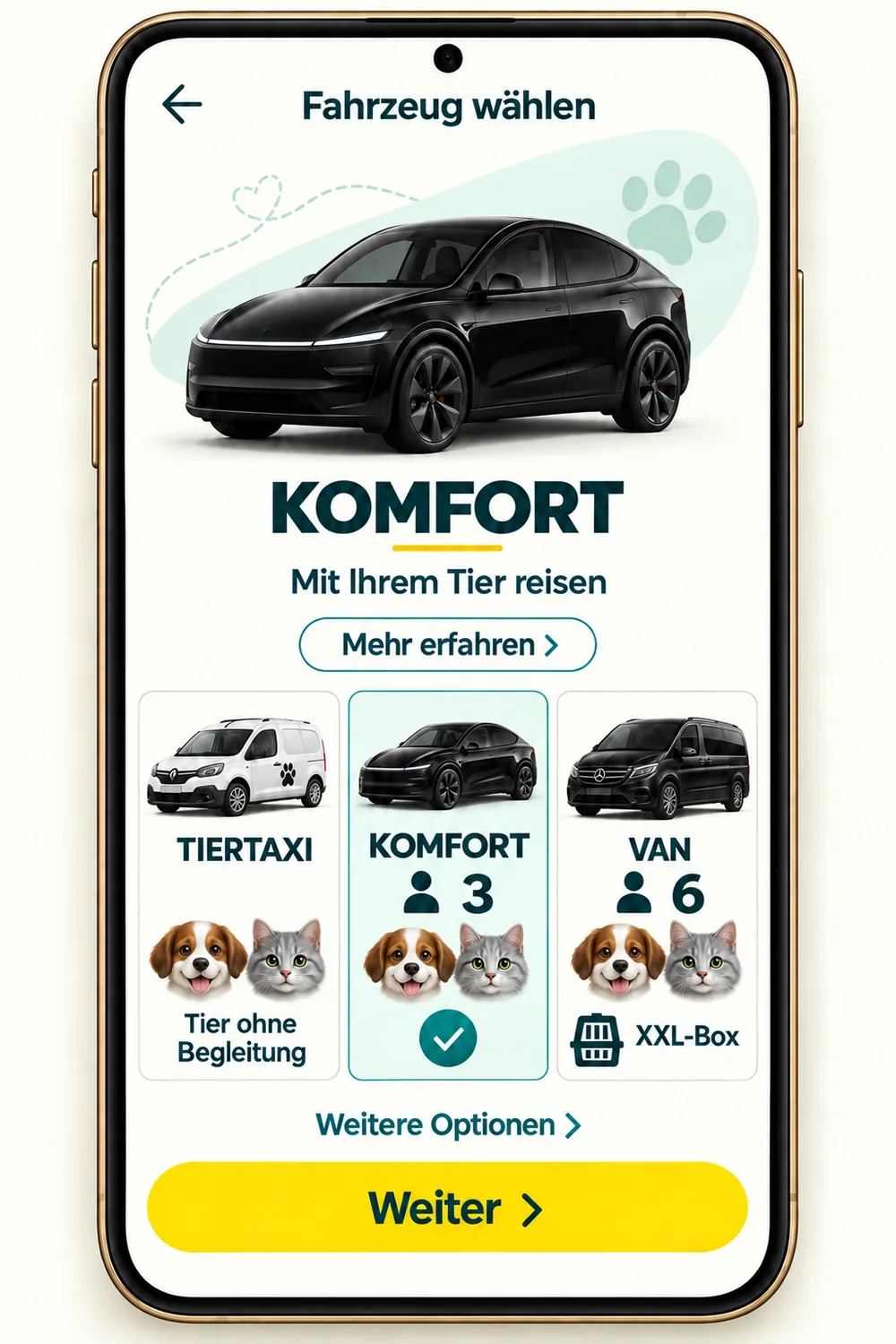 Ein Telefon zeigt einen schwarzen Tesla Model Y und die Kategorien Tiertaxi, Komfort und Van