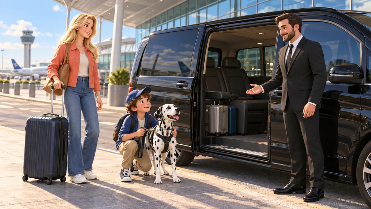Mère blonde debout et enfant en casquette accroupi près d’un dalmatien, avec leurs valises et un chauffeur devant un van noir à l’aéroport