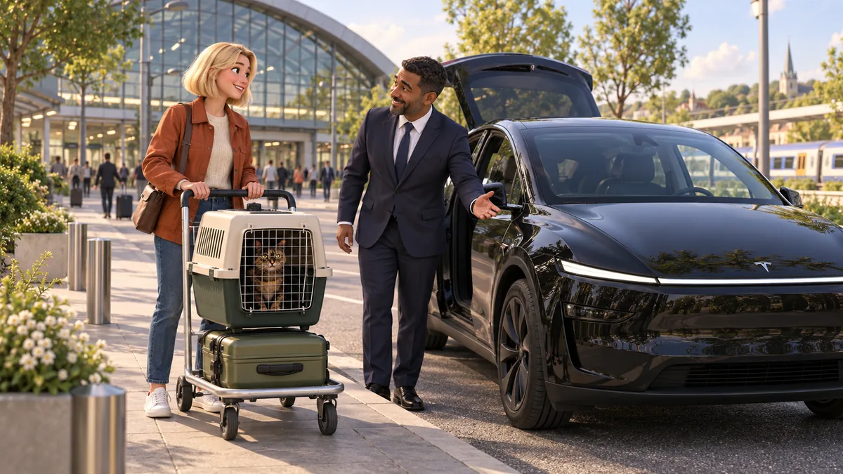 Une voyageuse en manteau orange avec un chat en caisse fermée et ses bagages près d’un chauffeur à la gare