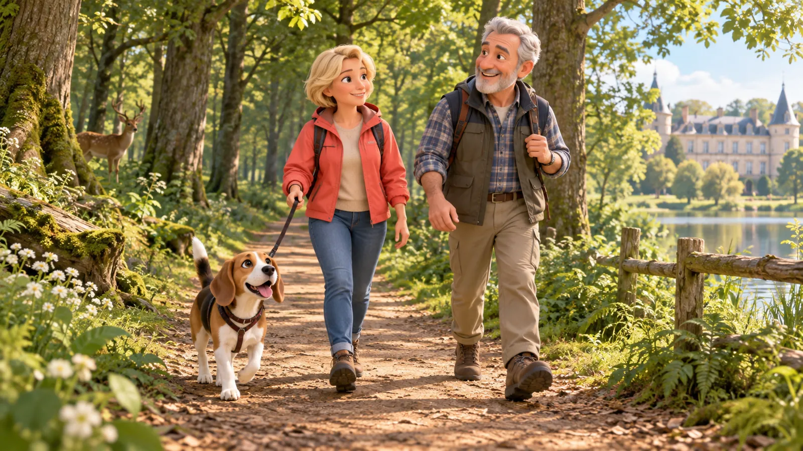 Un beagle heureux se promène en laisse avec un couple sur un sentier boisé, illustration en trois dimensions
