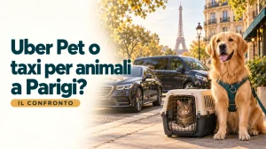 Cane con pettorina e gatto in un trasportino accanto a due veicoli a Parigi, con la Torre Eiffel sullo sfondo.