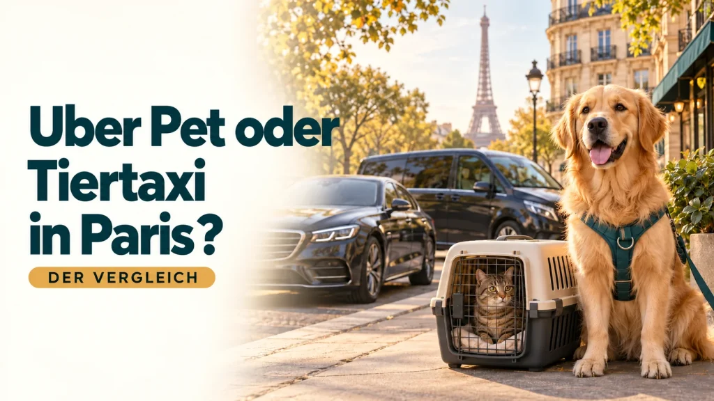 Hund mit Geschirr und Katze in einer Transportbox neben zwei Fahrzeugen in Paris, mit dem Eiffelturm im Hintergrund.