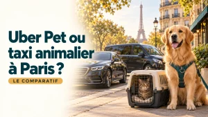 Chien en harnais et chat en caisse à Paris, illustration du comparatif Uber Pet ou taxi animalier.