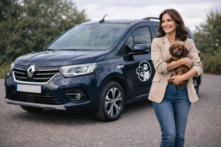 A woman holding a small dog in front of a dark blue Renault Kangoo