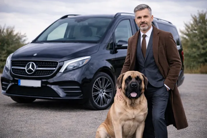 Un chauffeur et un grand chien devant un van Mercedes Classe V noir