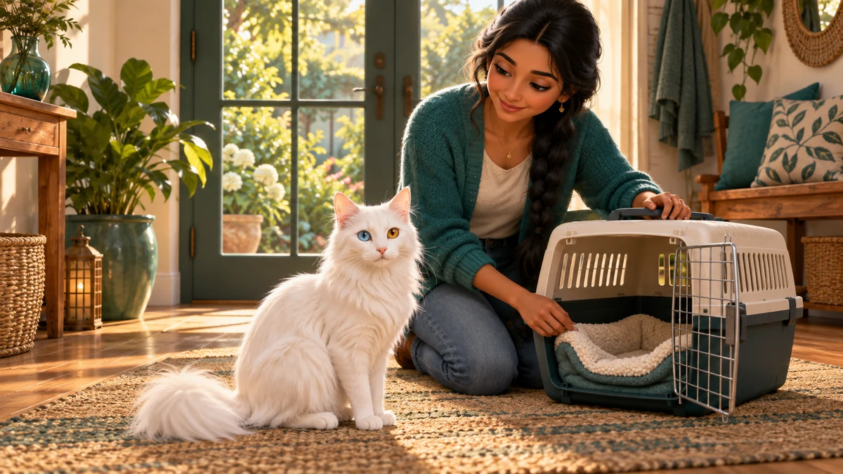 White Turkish Angora cat with different-coloured eyes sitting beside a travel carrier with its owner in a bright hallway