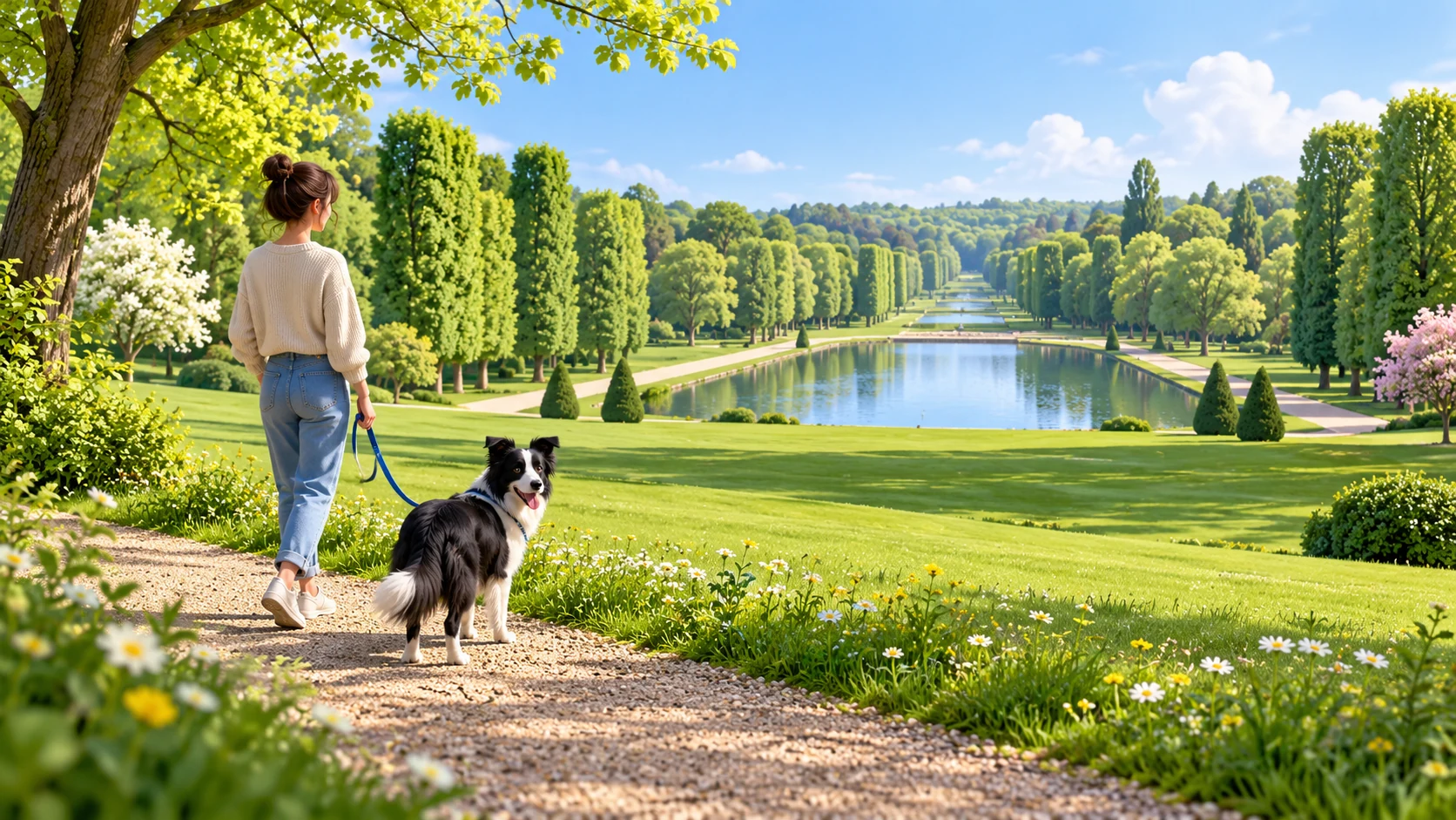 Dog transport in Hauts-de-Seine: a border collie on a lead with its owner in a green park inspired by Sceaux