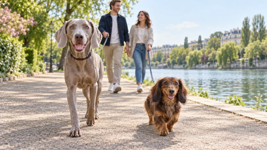 Pet taxi Hauts-de-Seine 92: a Weimaraner and a dachshund on leads beside the Seine in a scene inspired by Neuilly